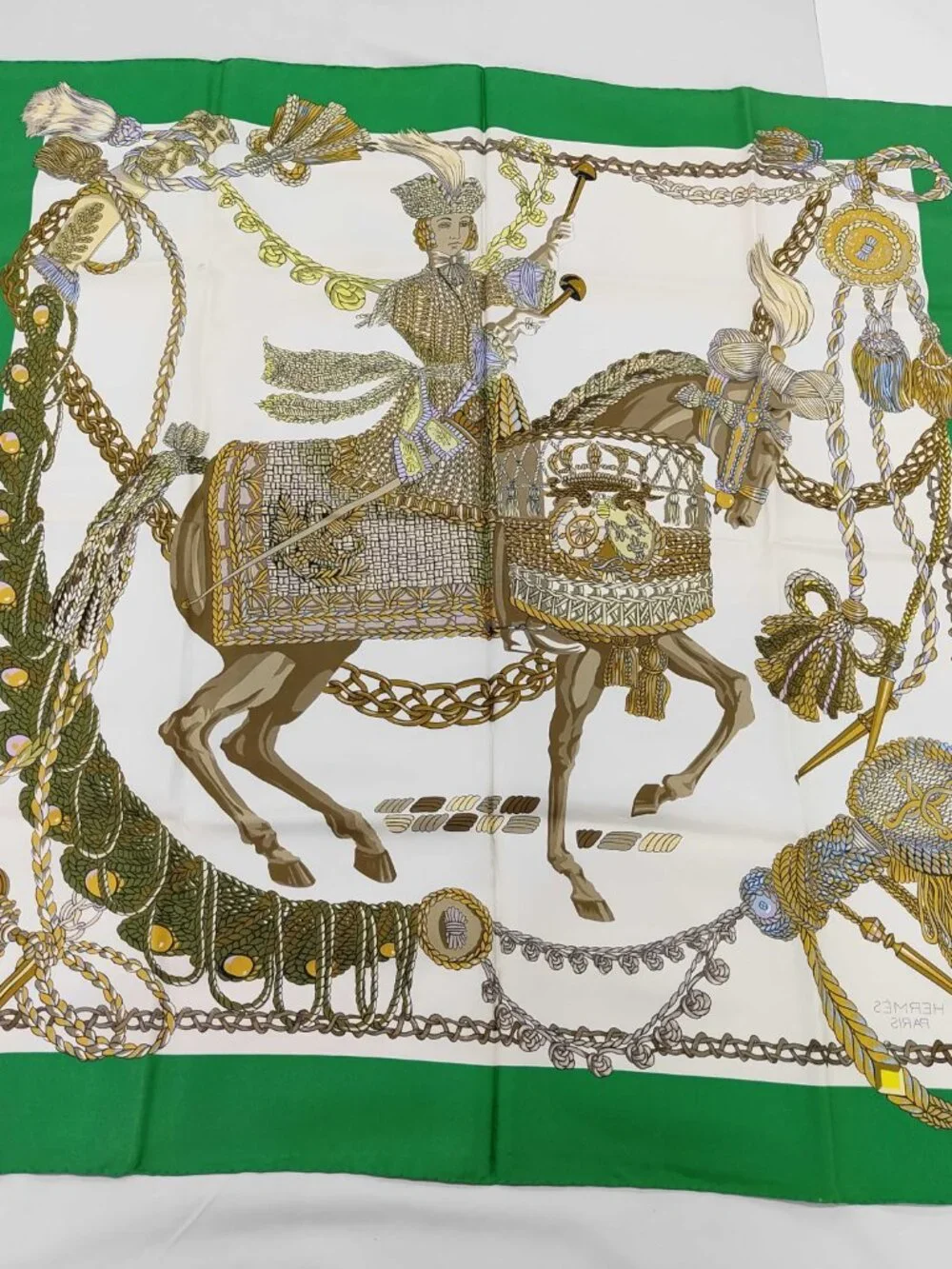 Hermès Paris Vintage Silk Scarf Equestrian Horse & Rider Green Border